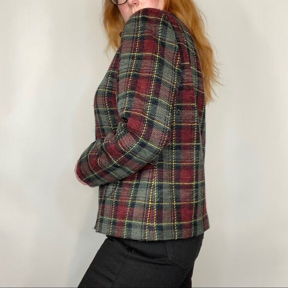 Vintage 90s Sag Harbor Olive & Burgundy Plaid Shacket Shirt Jacket Blazer Coat - Picture 4 of 11